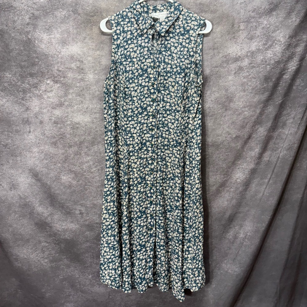 Betsy Lauren VTG 90s Teal Ditsy Floral Midi Button Front Dress Size 20 Cottage
